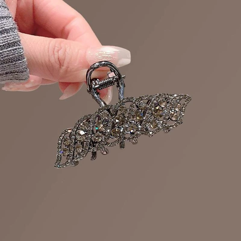 枪黑高级感精致水钻树叶抓夹中号后脑勺半扎女发夹发抓气质鲨鱼夹