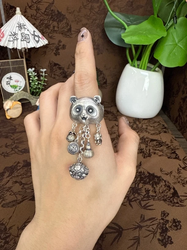 925银戒指 小郑家纯银手工簪刻熊猫戒指