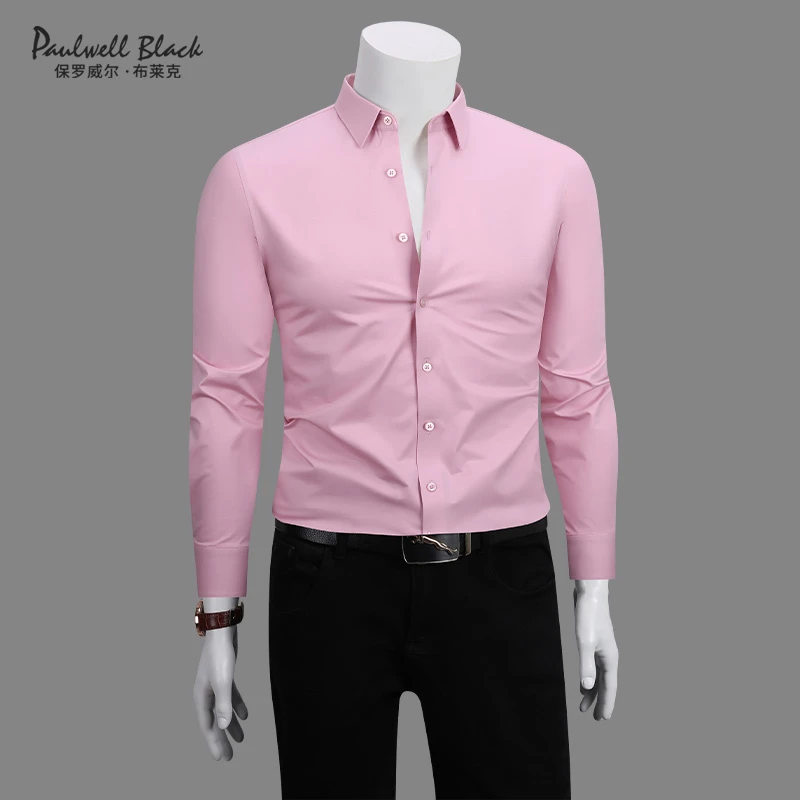 粉色男士衬衫男款长袖2025新款爆款商务休闲纯色高档免烫衬衣男