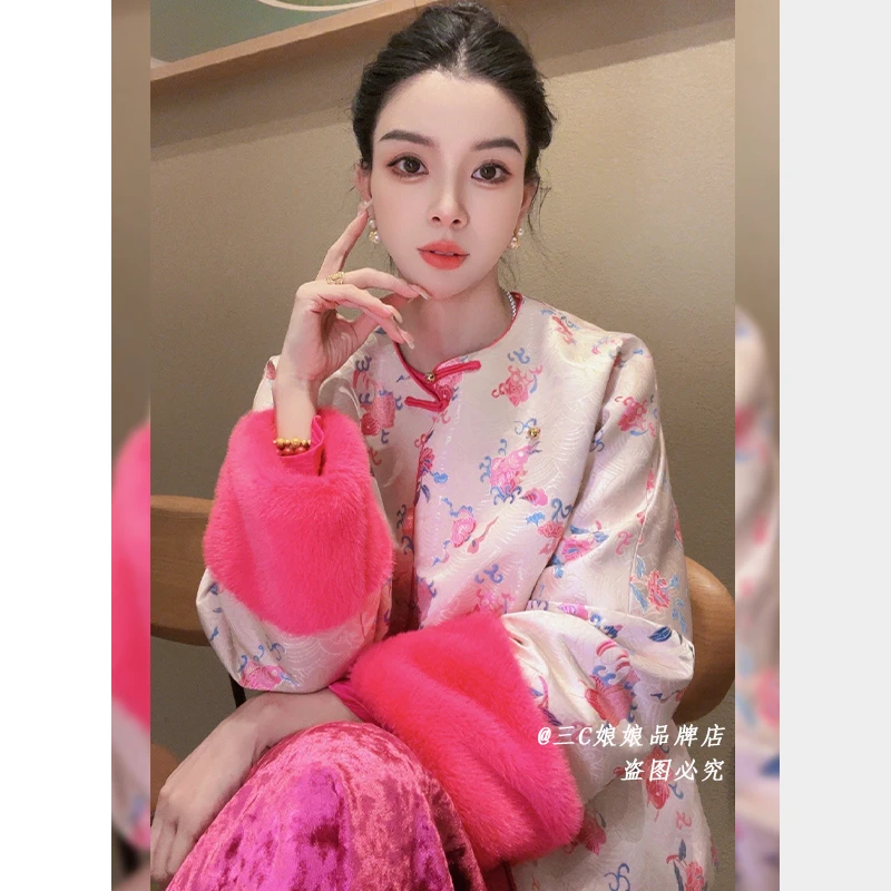 宸嫚三C娘娘3267【唐朝】新中式时尚提花拼水貂气质外套