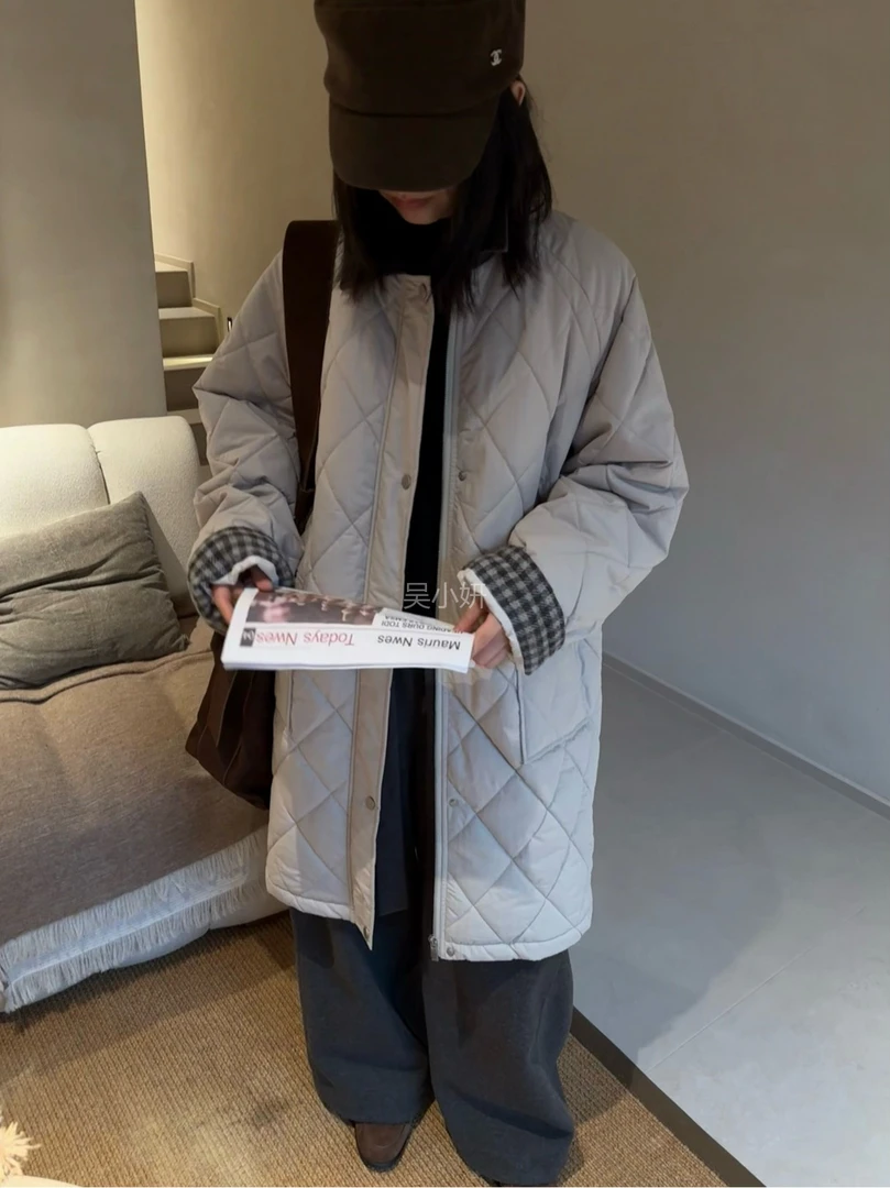 时尚菱格撞色翻领棉服外套