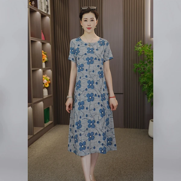 夏季新款清婉蓝絮休闲时尚优雅气质百搭减龄宽松圆领高级感连衣裙