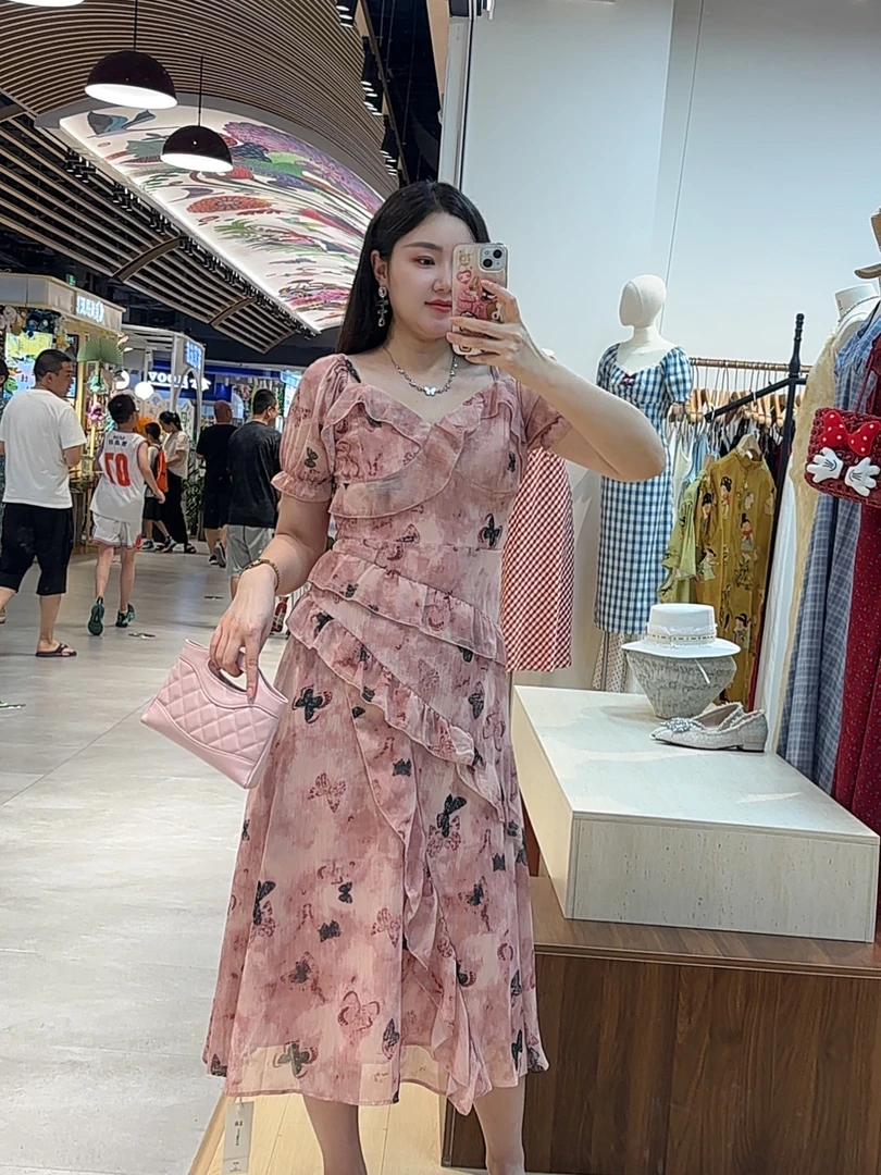 【现货】大码胖印花蝴蝶韩版夏季常规连衣裙2506050001