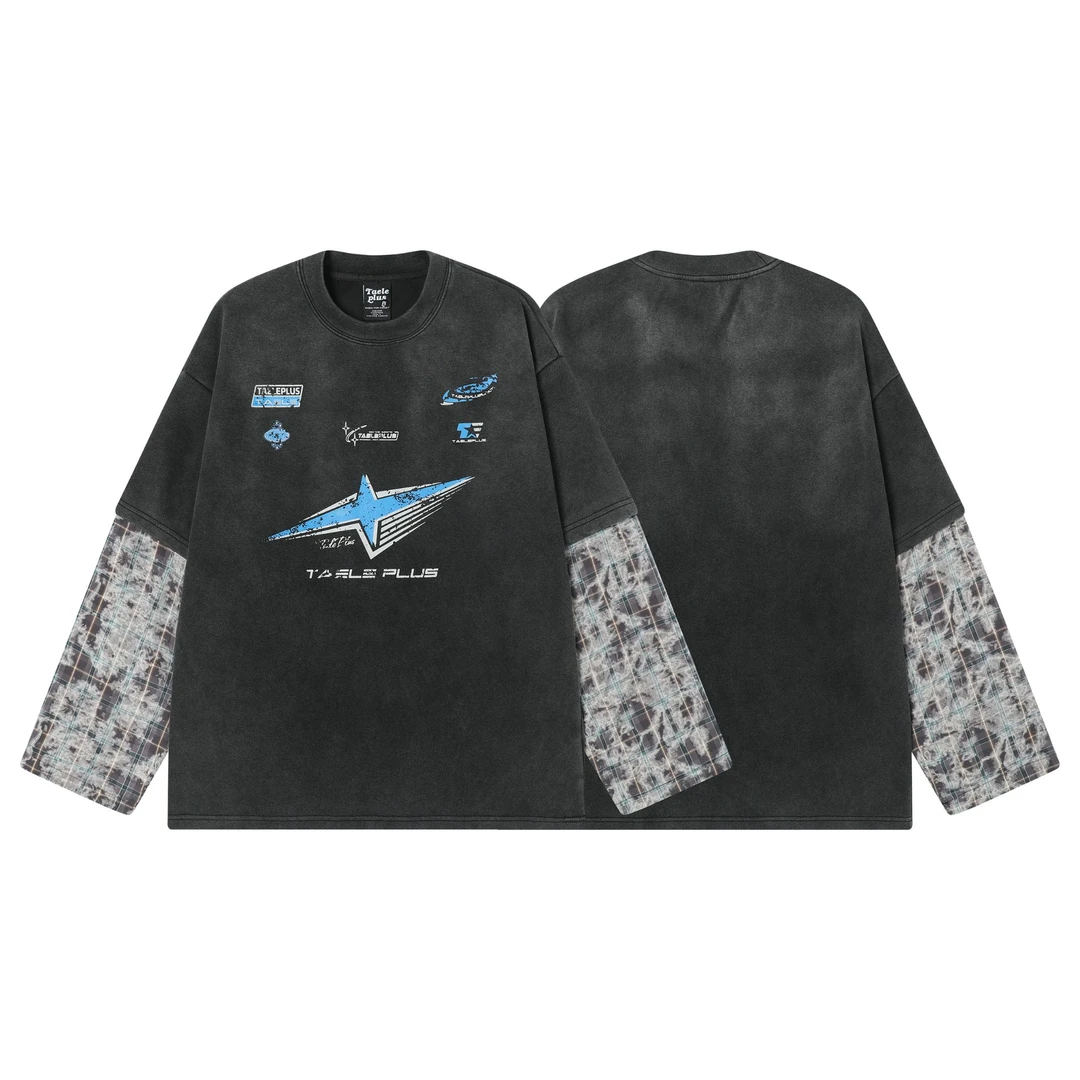 苏格拉底研究所 美式渐变做旧赛车风2025秋叠穿裂纹宽松长袖男女