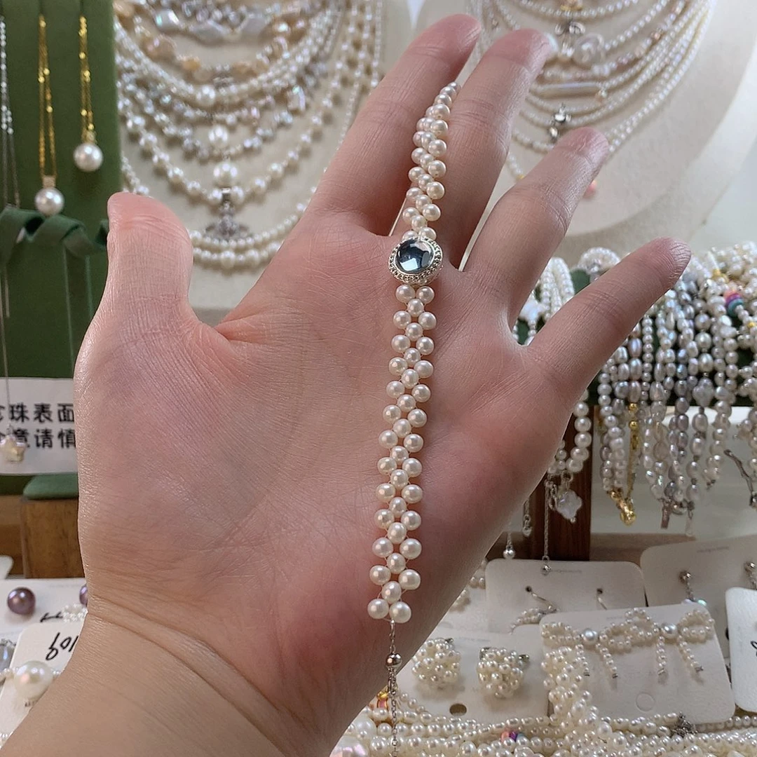 手绳银S925镶嵌淡水珍珠
