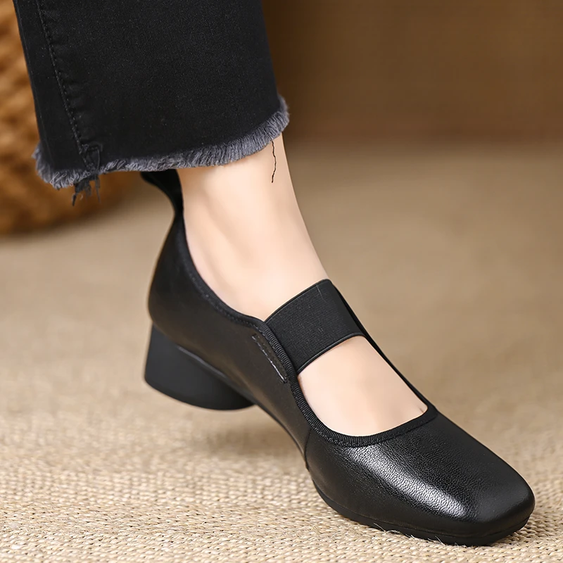轩玥情女鞋3厘米低跟软皮奶奶鞋舒适羊皮松紧带方头浅口粗跟单鞋