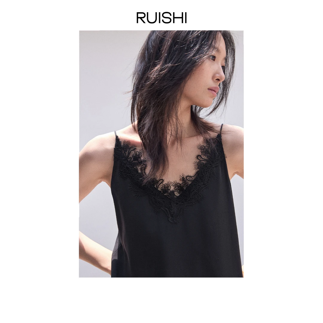 RUISHI芮时真丝醋酸混纺面料蕾丝花边v领吊带背心轻盈上衣女夏季