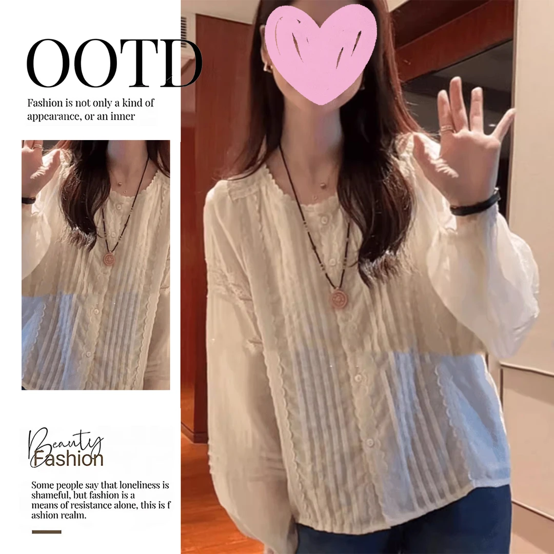 法式重工打揽拼接蕾丝花边白色衬衫女早秋设计感小众气质宽松上衣