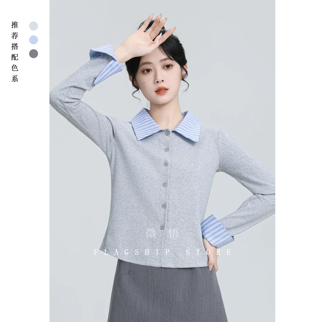灰色假两件长袖T恤女春秋2025春新款设计感条纹拼接正肩短款上衣