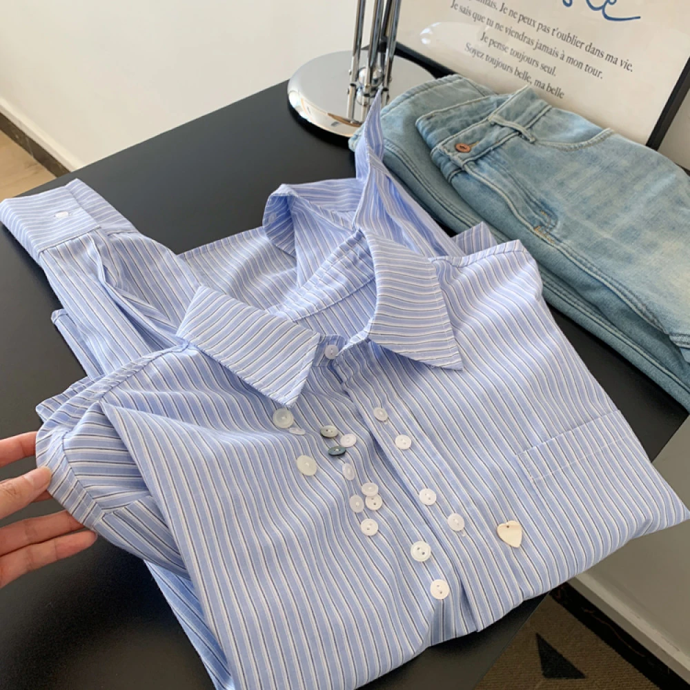 蓝色条纹衬衫外套女士中长款设计感小众不撞款上衣宽松慵懒风25春