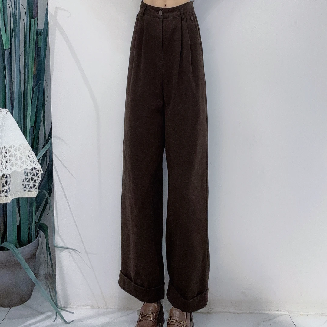 EMMY复古简约百搭通勤松弛感简约时尚100%棉面料舒适复古休闲裤子