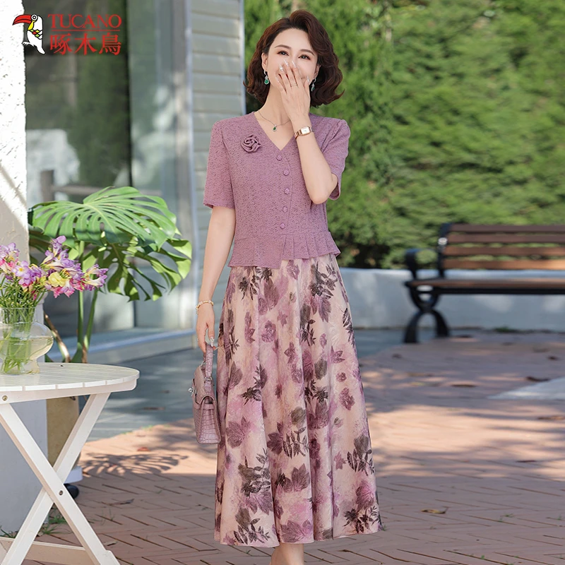 啄木鸟年轻妈妈夏装薄连衣裙新款中年V领过膝长裙中老年花色裙子
