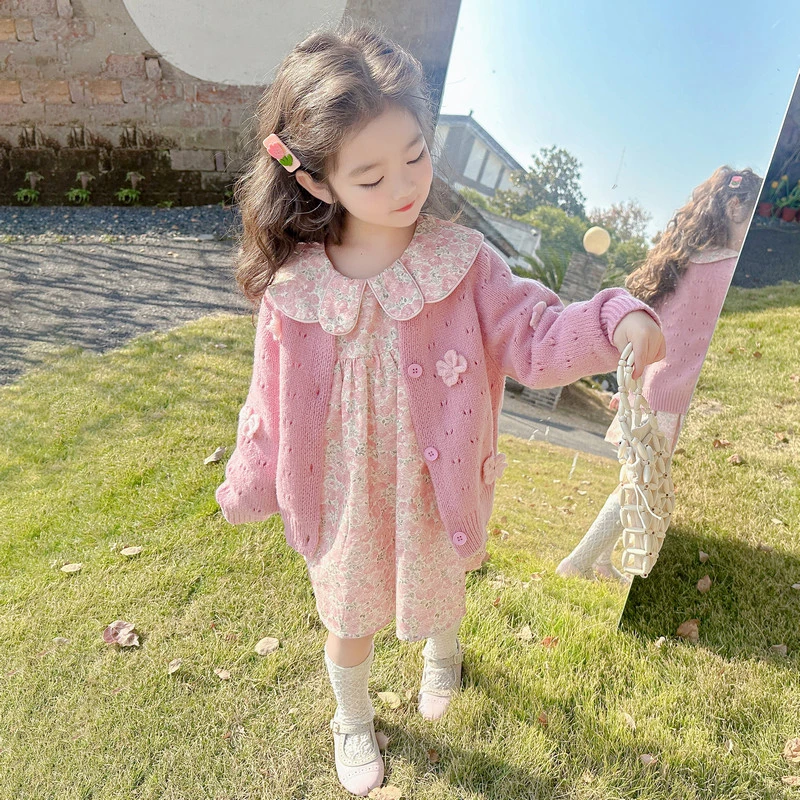 女童秋装连衣裙套装2025蓬蓬纱秋新款小女孩洋气开衫甜美碎花裙子