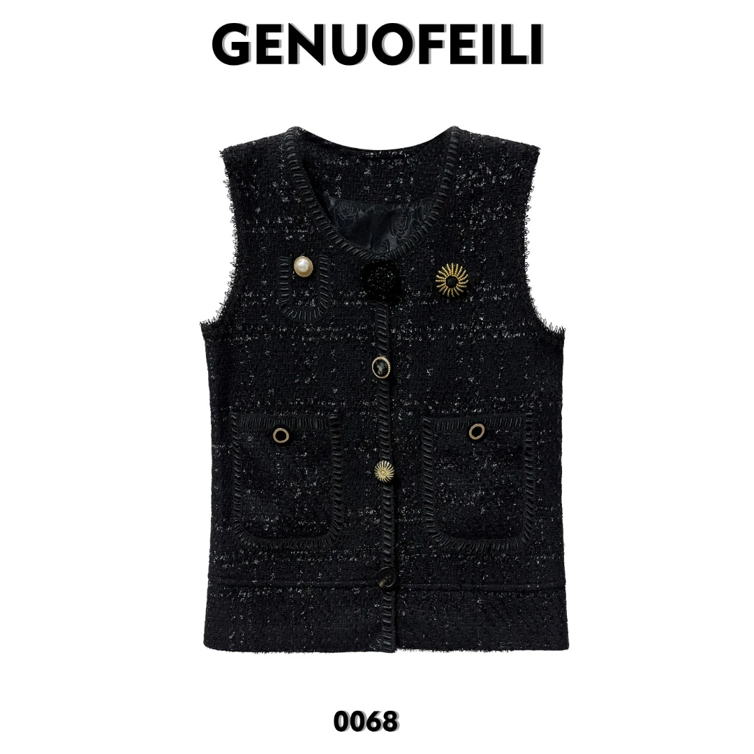 轻奢时尚黑色无袖秋冬季粗花呢小香风马甲蕾丝针织温婉大方衣服