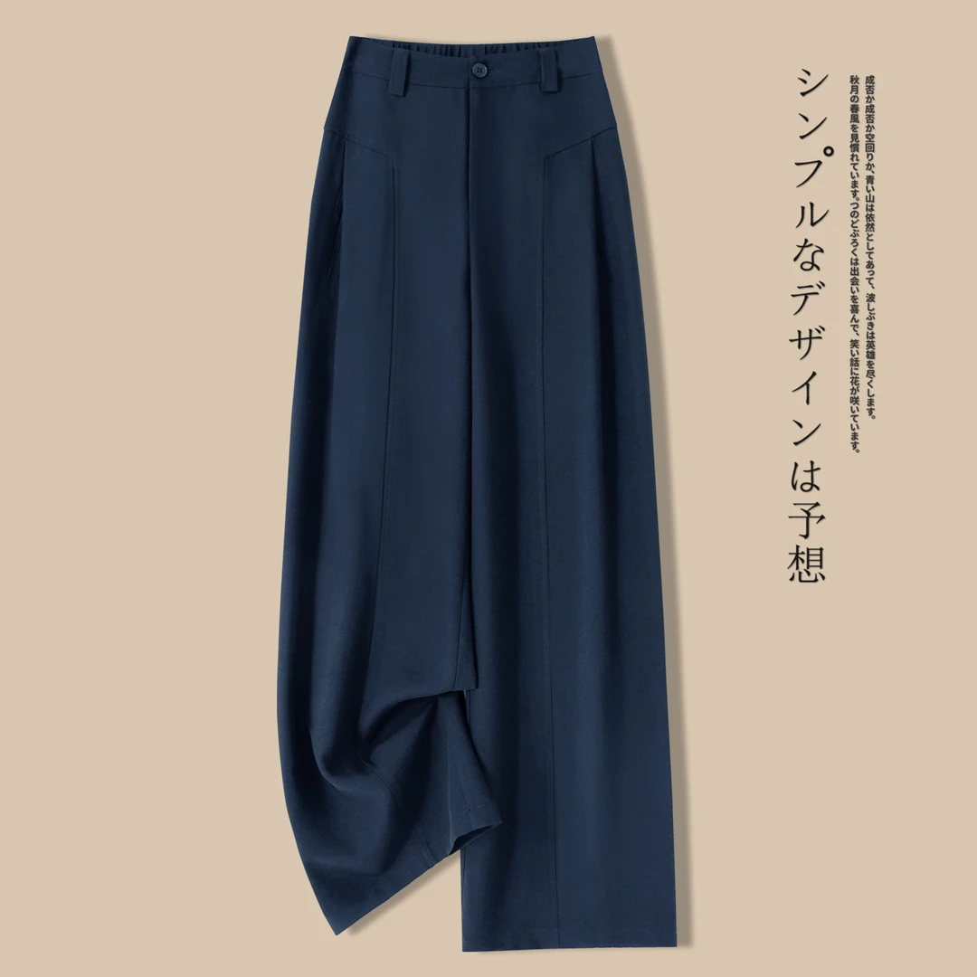 藏青色老钱风亚麻弯刀裤女夏季薄款垂感宽松慵懒阔腿直筒休闲裤子