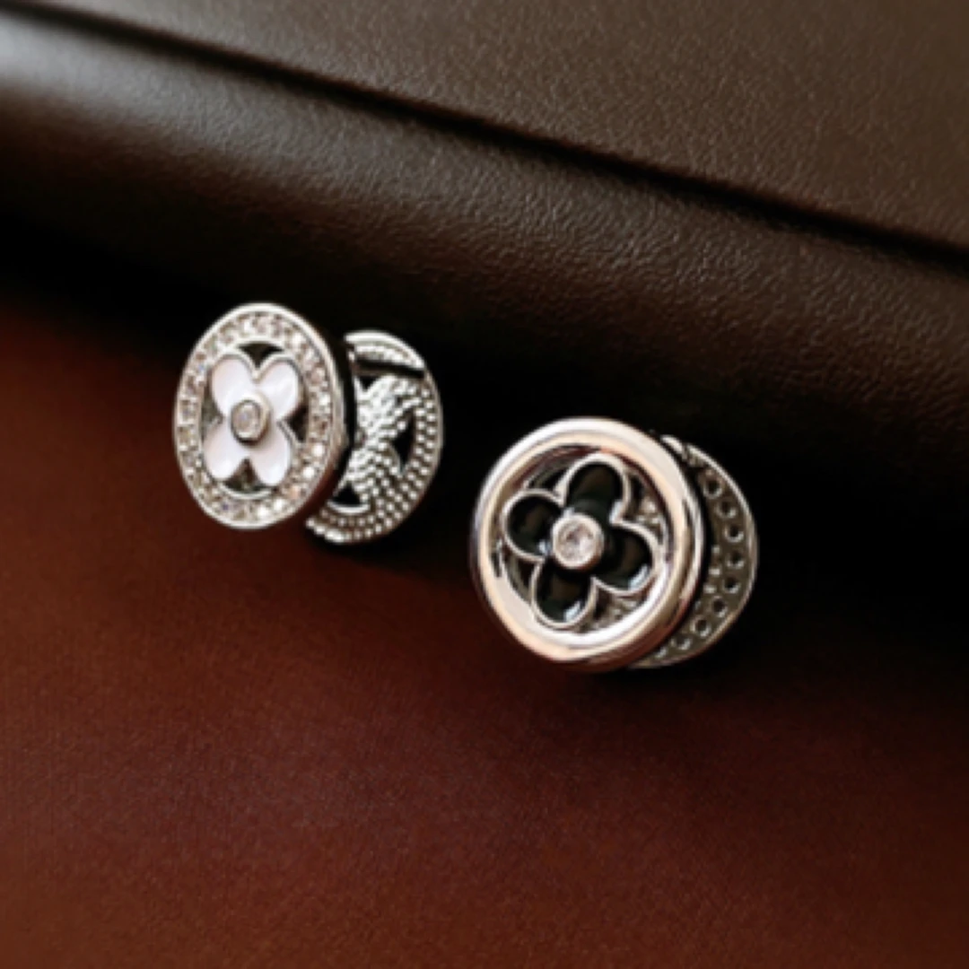 铜合金珐琅耳饰 轻奢锆石双面四叶花圆形耳扣个性时尚高级感耳饰