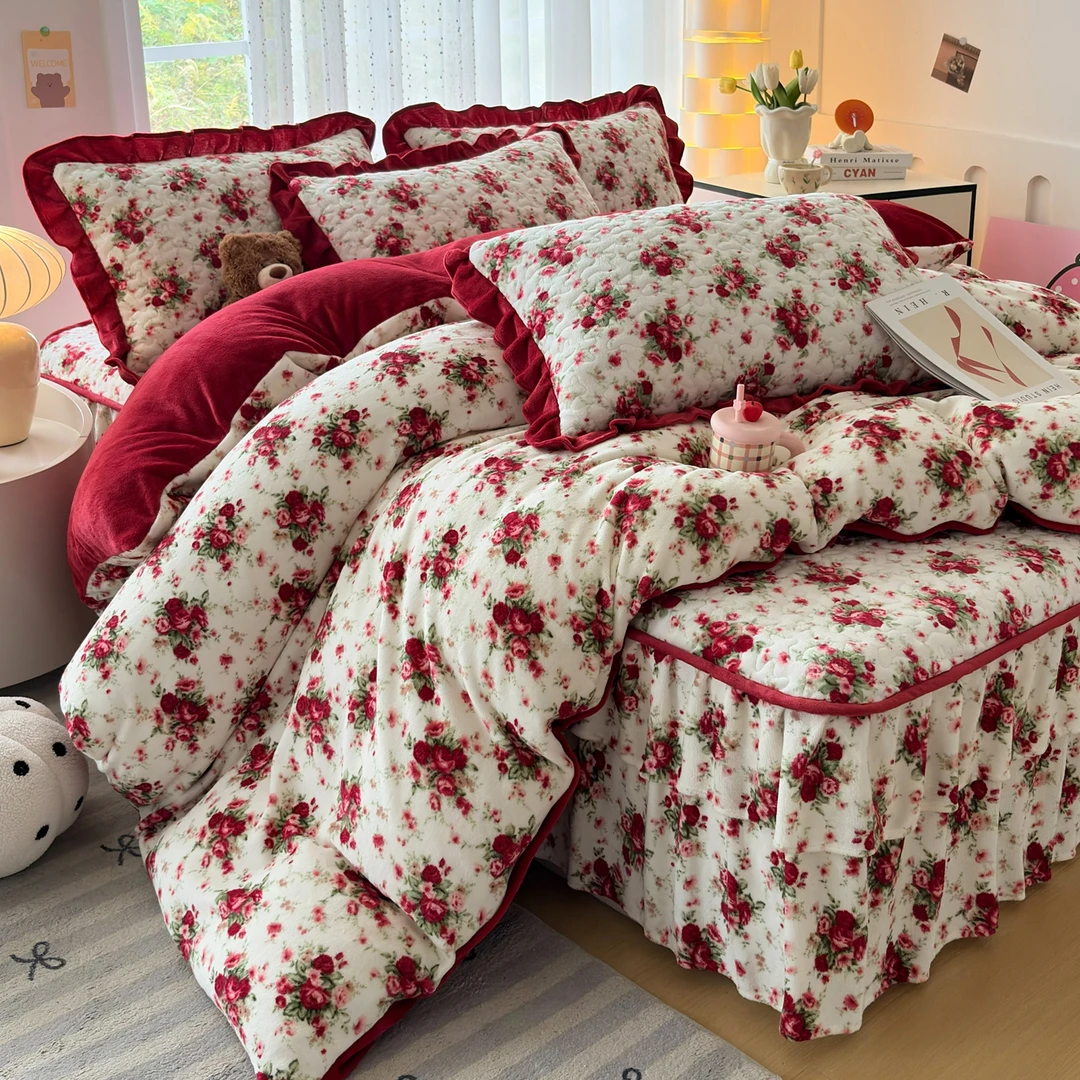 双层花边牛奶绒夹棉床裙款四件套秋冬加厚珊瑚绒被罩加厚加绒床罩