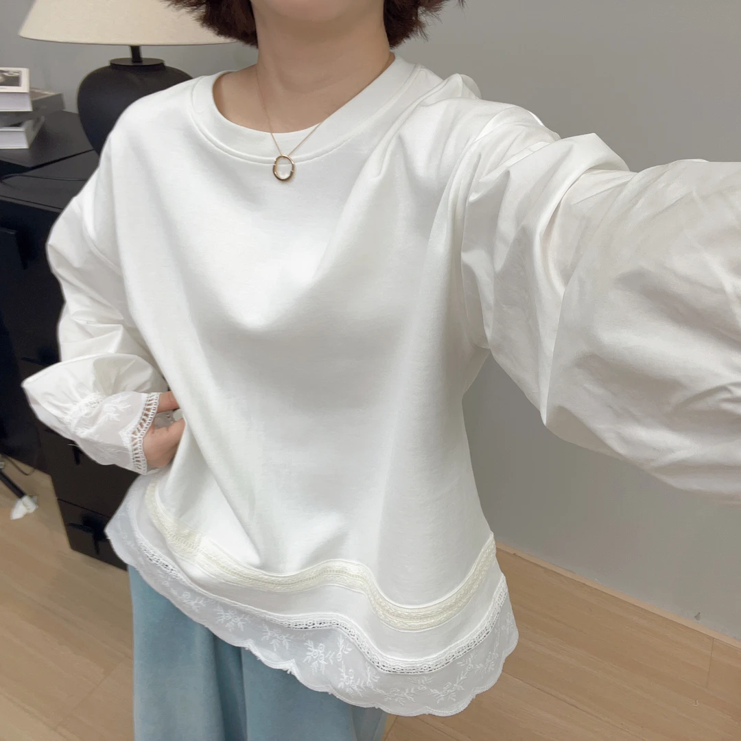 小众圆领下摆设计感蕾丝花边上衣