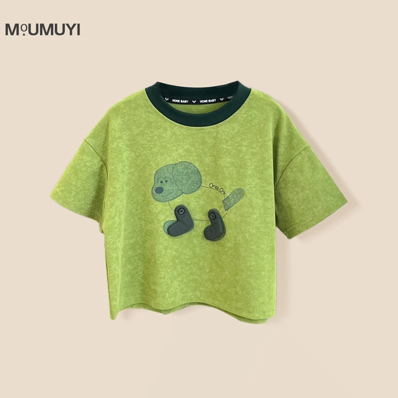 儿童韩版T恤2025新款夏季男童宽松拼色上衣薄款圆领短袖小狗t恤潮