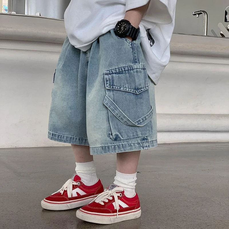 儿童牛仔工装短裤夏季男童休闲中童帅气宽松薄款大口袋