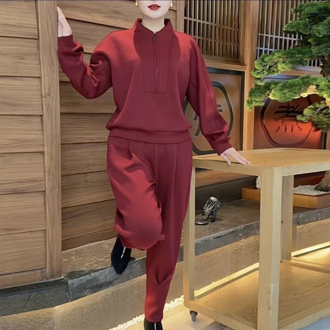 时尚洋气纯色减龄妈妈套装2025秋季新款宽松休闲拉链领运动两件套