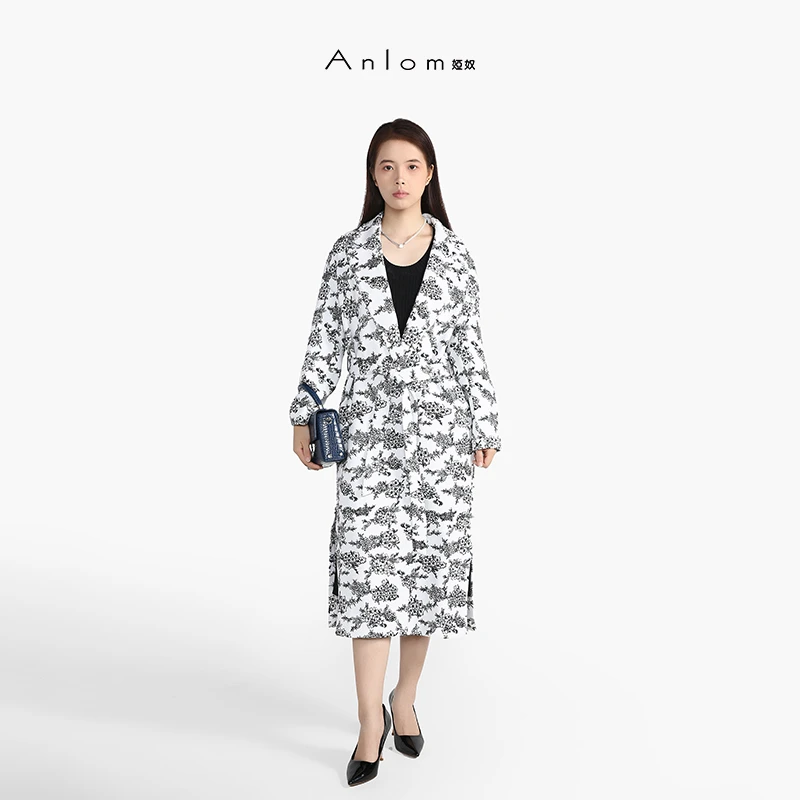 Anlom/娅奴秋冬季新款大衣女针织外套毛呢黑白花纹女士大衣