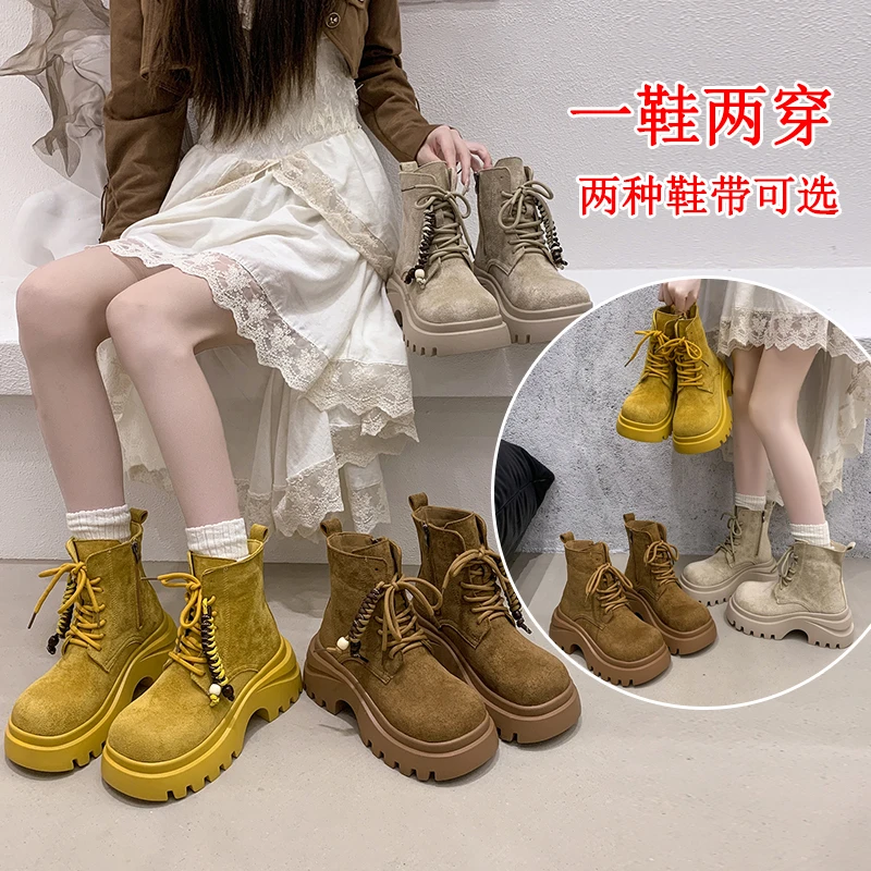 厚底增高大头丑萌马丁靴女2025新款秋冬季机车靴子时尚短靴大黄靴
