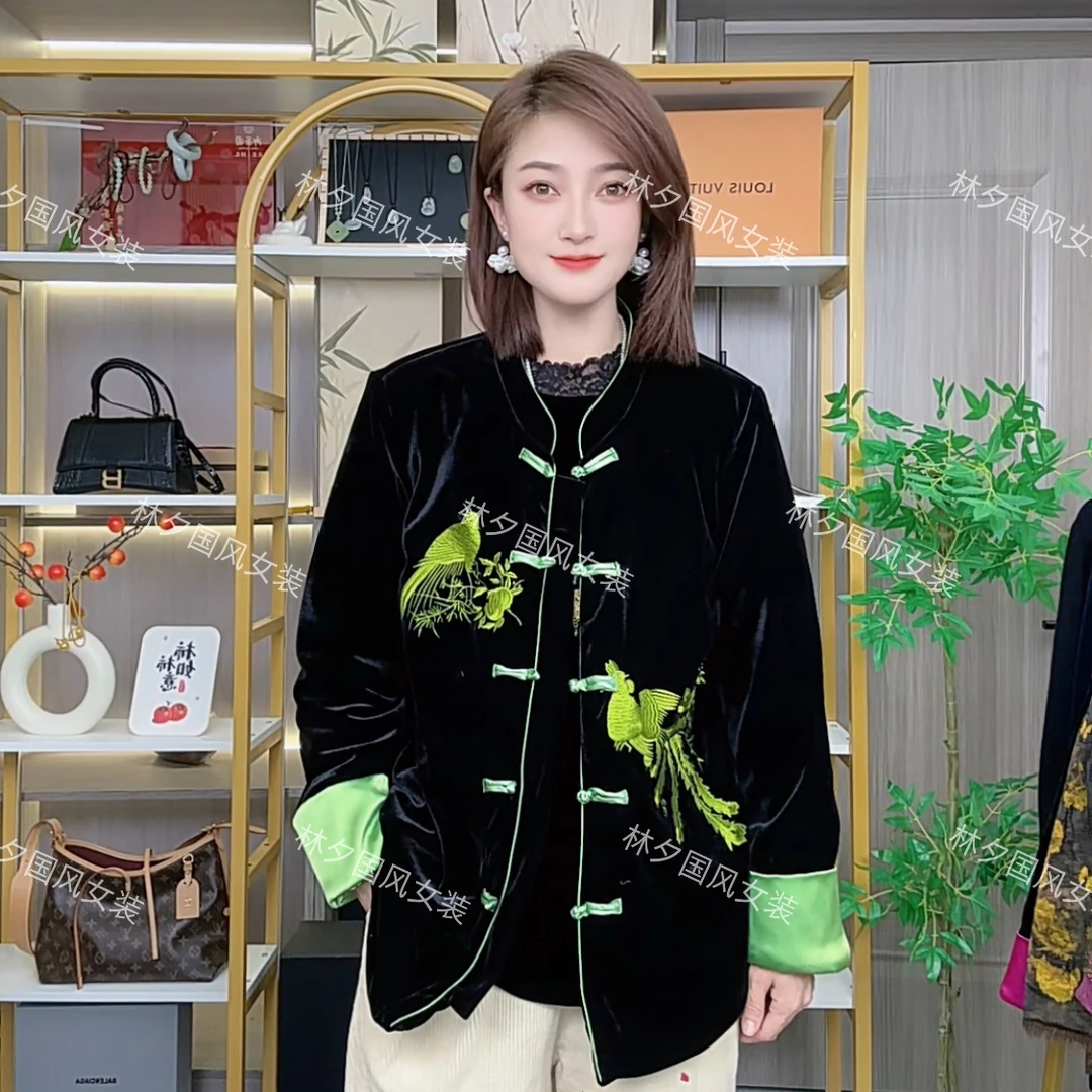 新中式复古国风大码女装刺绣丝绒棉服中国风秋冬时尚黑色百搭外套