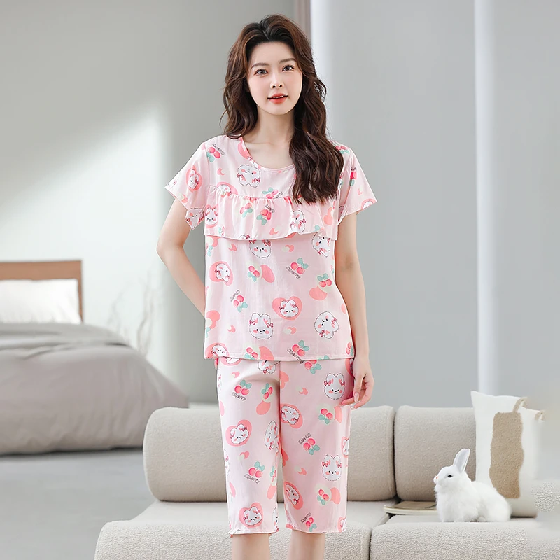 夏季新款绵绸防凸点睡衣女短袖七分裤套装夏天居家空调服两件套