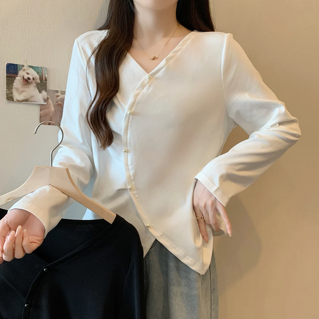 清63477长大码女装2025秋季新款不规则珍珠长袖T恤设计感显瘦上衣