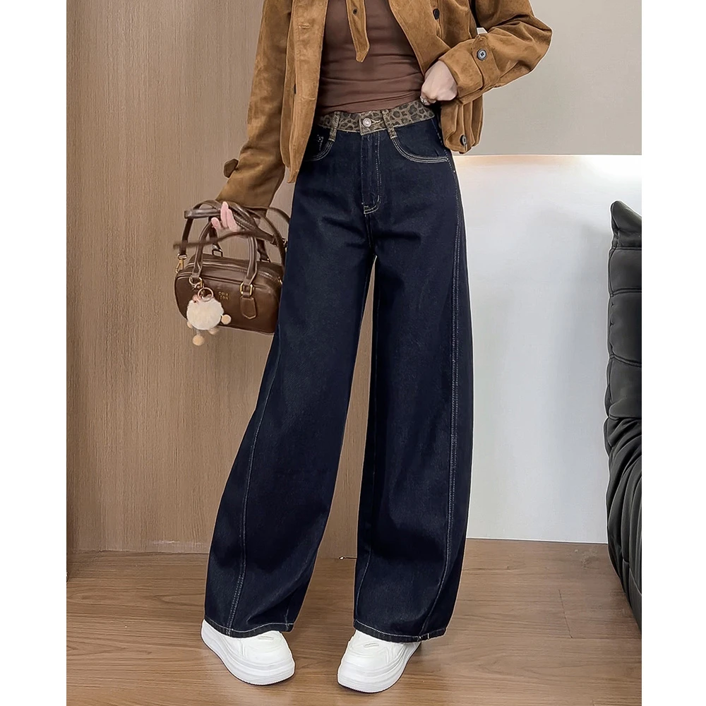 291豹纹拼接弯刀阔腿2025秋冬复古风豹纹拼接撞色线迹香蕉裤牛仔