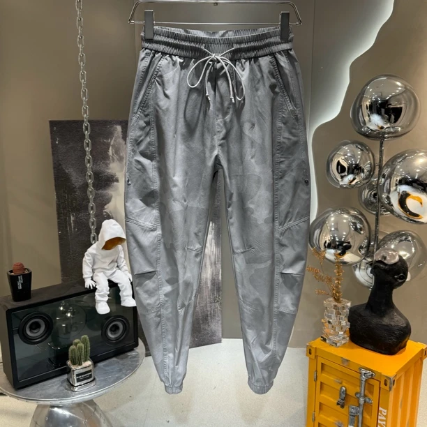 夏季薄款弯刀裤立体剪裁灰色迷彩宽松束脚工装休闲9分裤萝卜裤