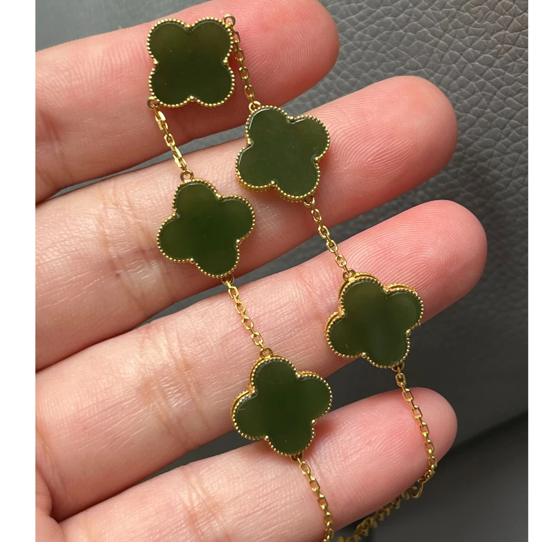 18k金镶嵌和田碧玉精品大尺寸幸运之星四叶草手链