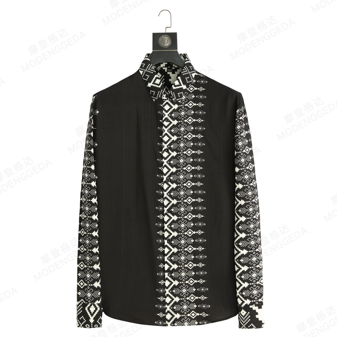 2025新款复古雪纺衫气质男士高端花衬衫休闲时尚冰丝免烫长袖衬衣