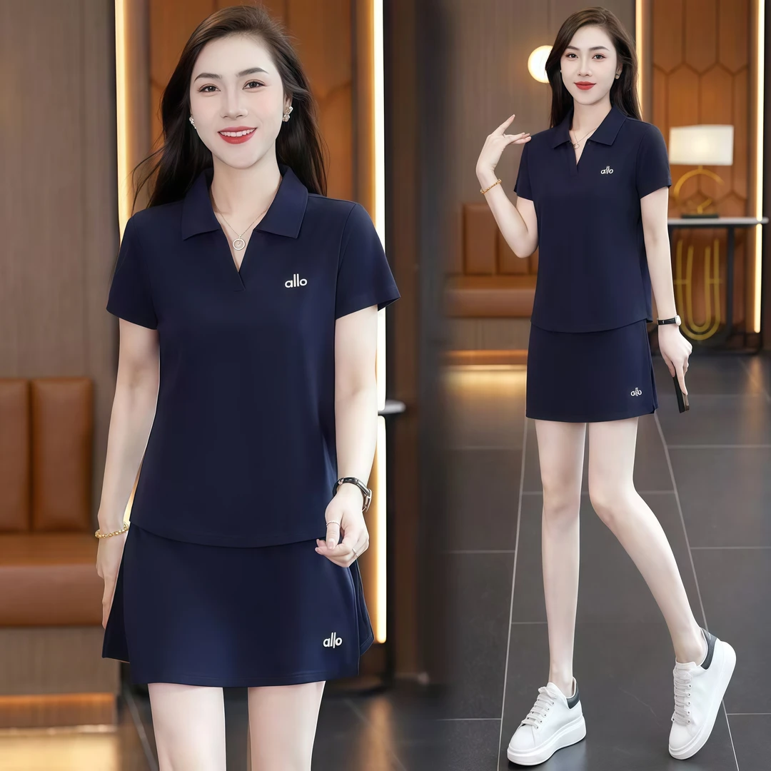 冰丝极简运动套装女2025夏新款女士薄翻领时尚休闲短袖裙裤两件套