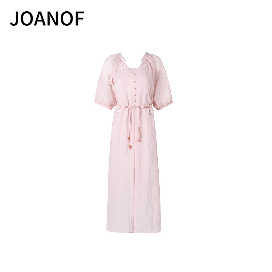 JOANOF（耶耶）V领短袖U型领套头夏季纯色连衣裙春夏裙子优雅女装