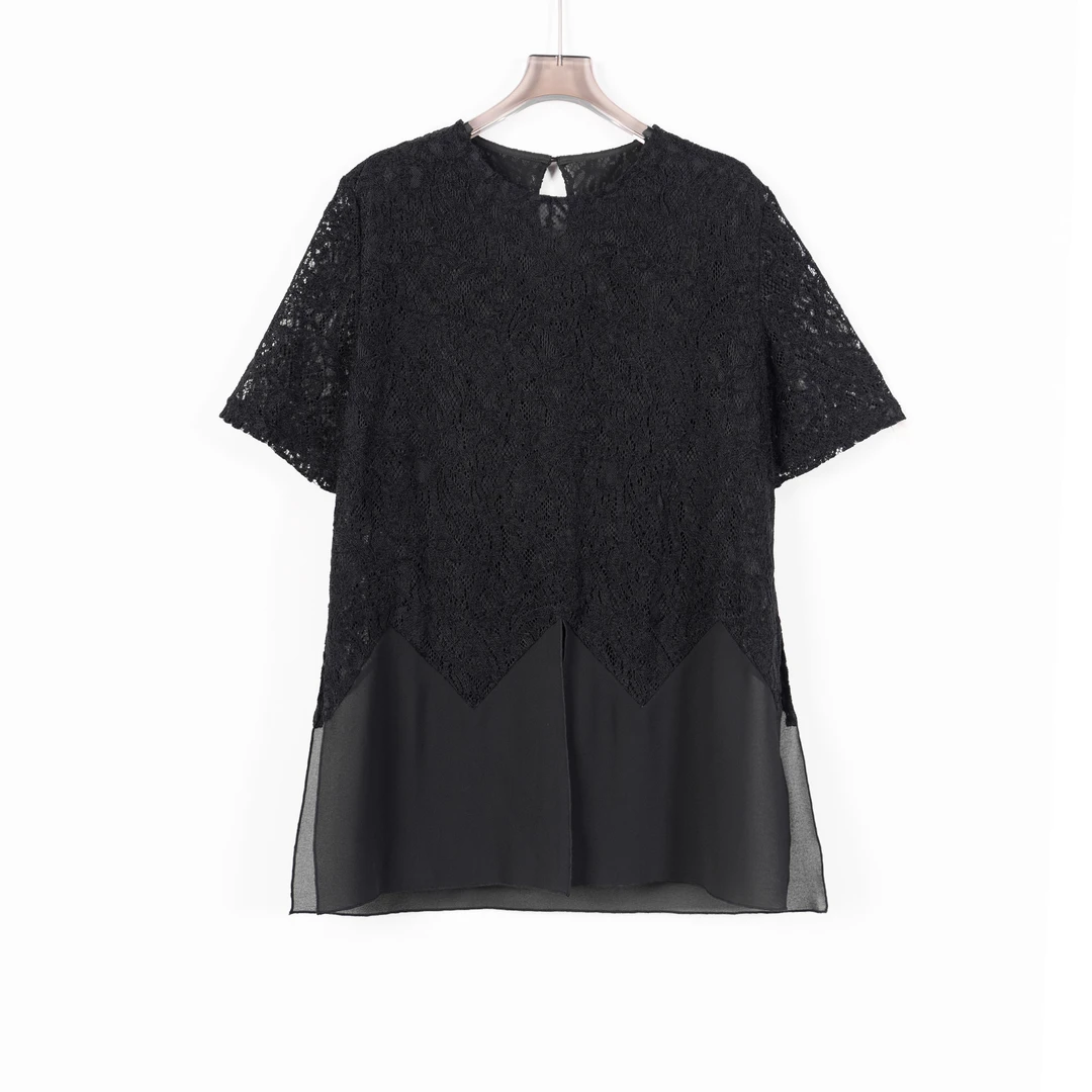 PS250564夏季新款大码宽松气质法式重磅股线蕾丝衫仙镂空短袖百搭