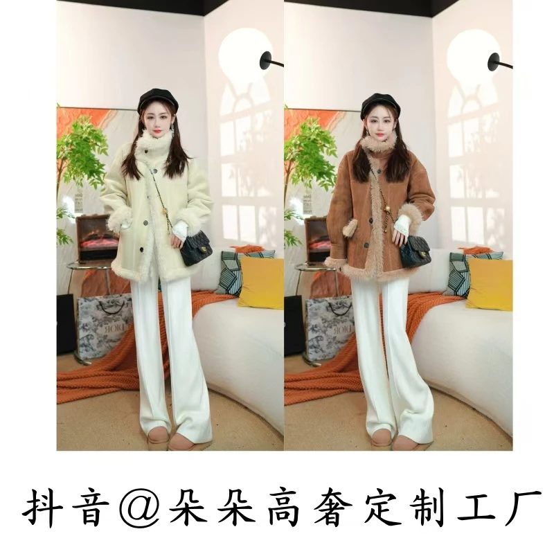 D2024冬款上新韩版ins潮中长款百搭加厚保暖机车服外套皮毛一体