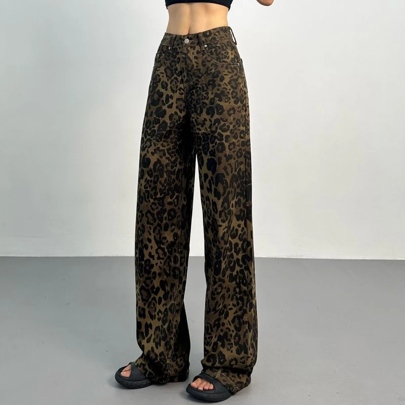 2025秋冬流行美式复古豹纹阔腿牛仔裤女秋冬高腰宽松直筒拖地加厚