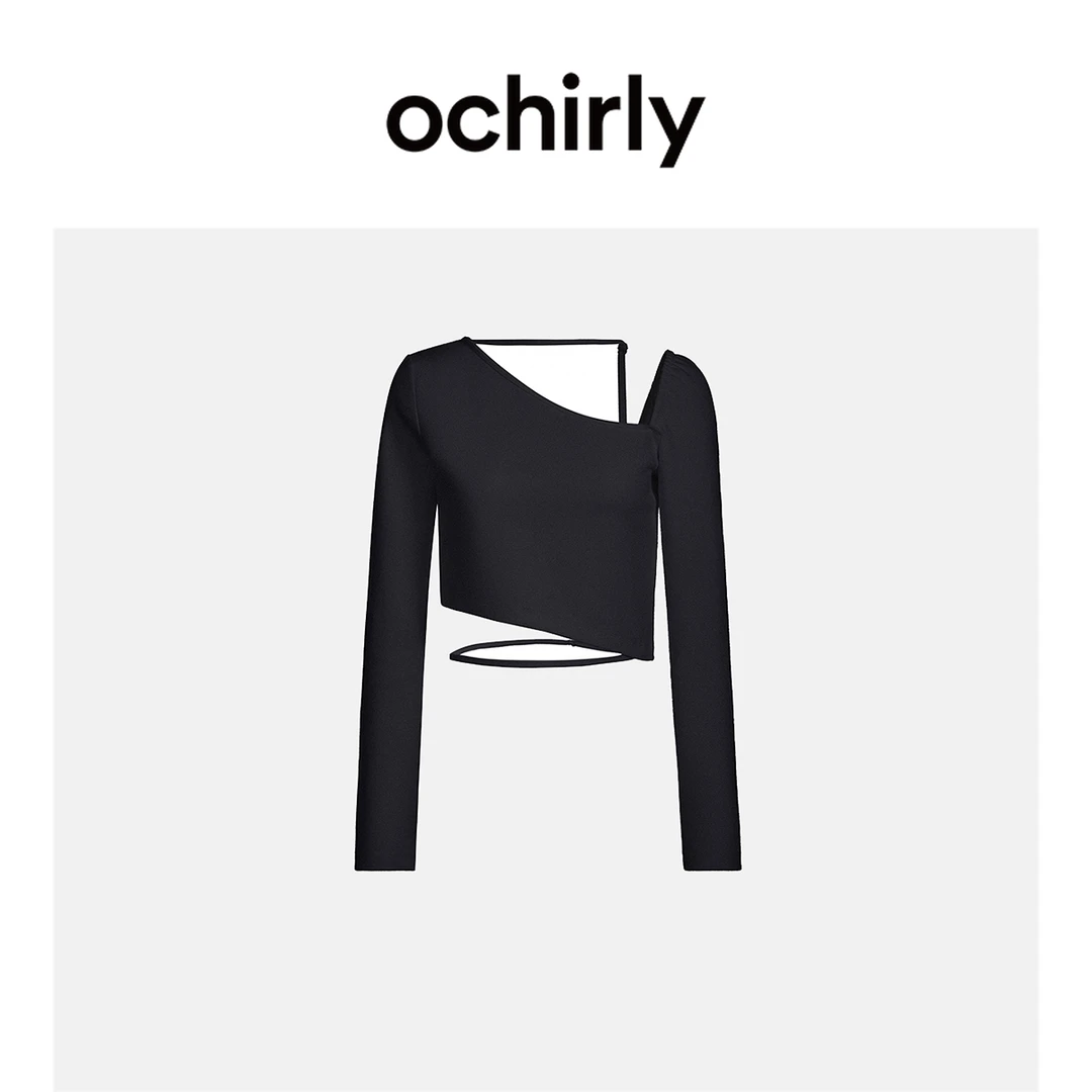 ochirly欧时力空气层短上衣女 新款春装绑带t恤不规则设计感