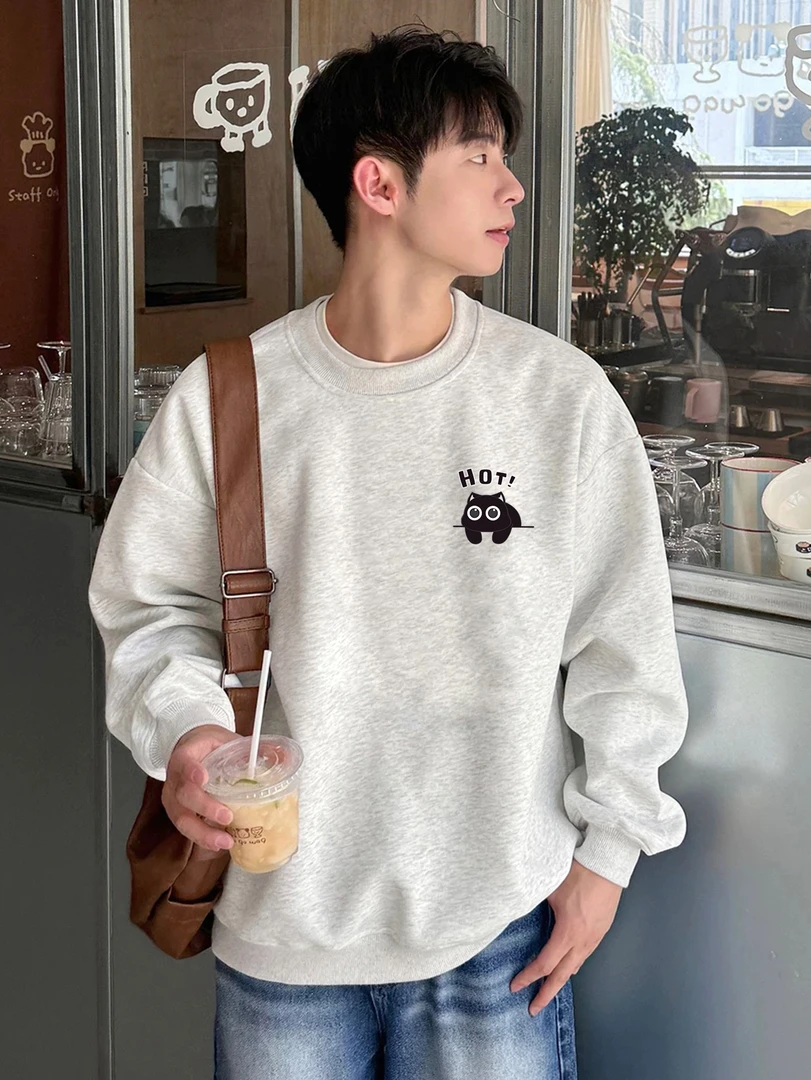 重磅圆领卫衣男秋冬加绒加厚美式外套宽松休闲情侣百搭印花上衣