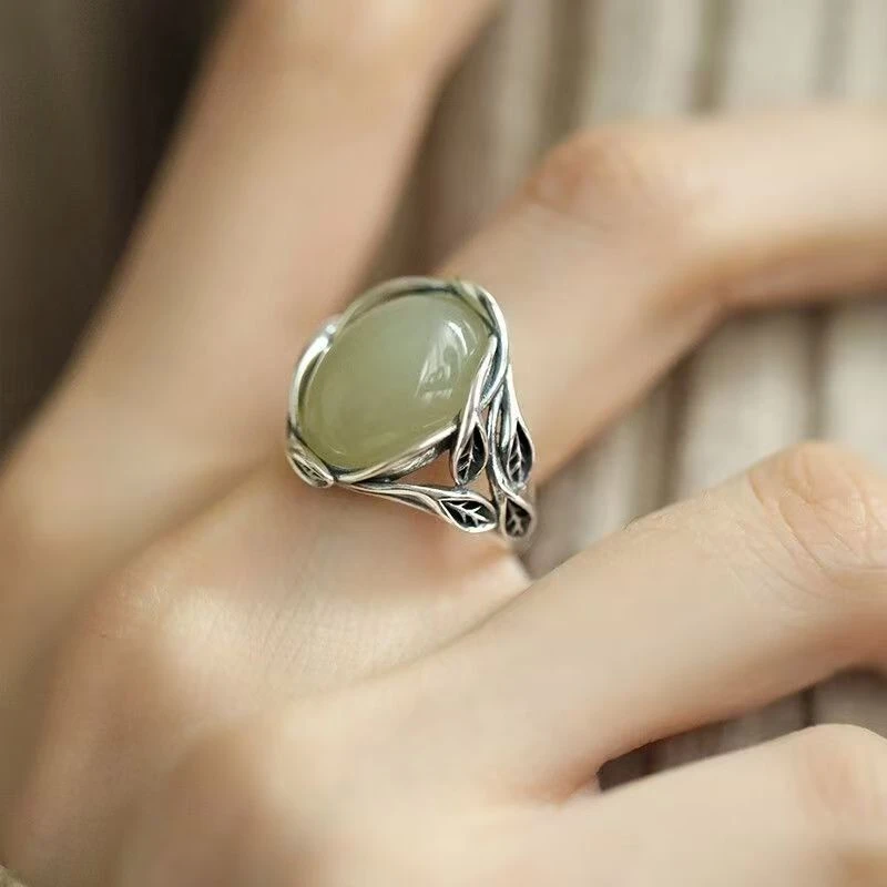 合金戒指 做旧复古蛋面绿色戒指国风