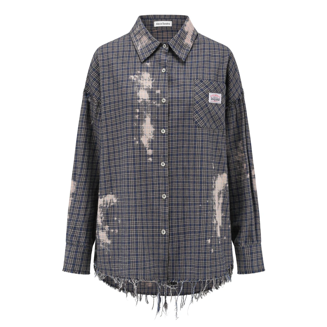 AlexiaSandra做旧洗褪毛边格纹长袖衬衫