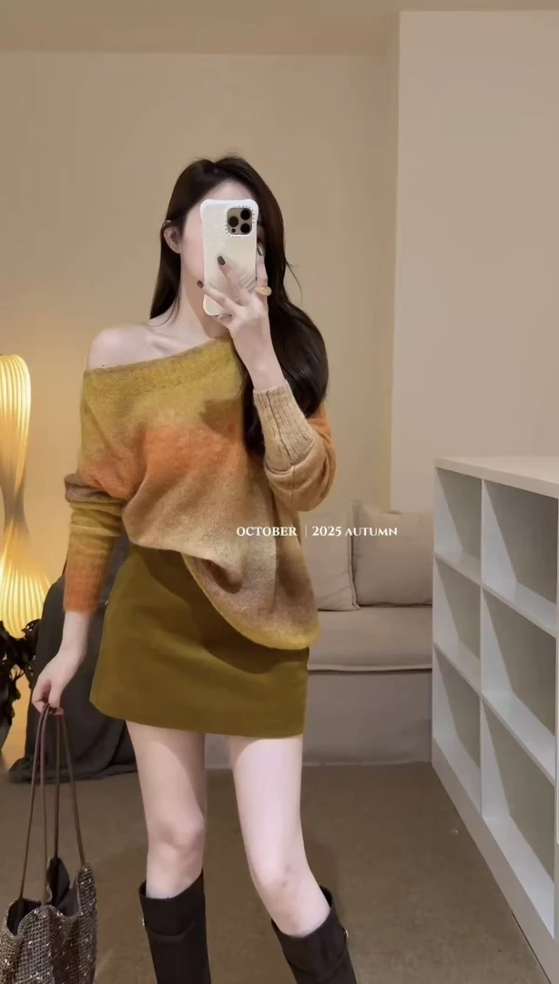 2025秋季新款韩系式黄色渐变斜肩套头针织衫毛衣百搭显瘦半裙套装