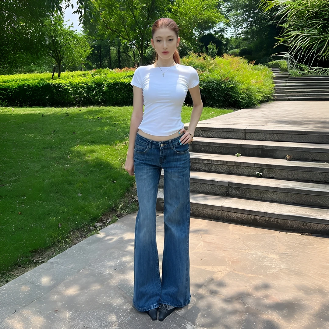 美式深蓝竹节纹低腰微喇牛仔裤女夏季新款高个子宽松显瘦喇叭裤子