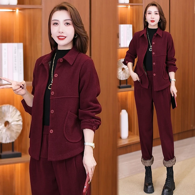 冬季加绒加厚时尚套装女2025秋冬新款宽松显瘦短外套阔腿裤两件套