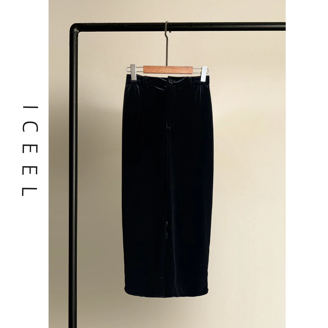 ICEEL原创高级感经典黑色无弹显腿直真丝绒休闲裤女高腰阔腿裤子
