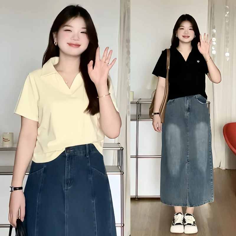 微胖的喵喵 大码mm夏季显瘦休闲百搭收腰polo领短袖T恤上衣女3168