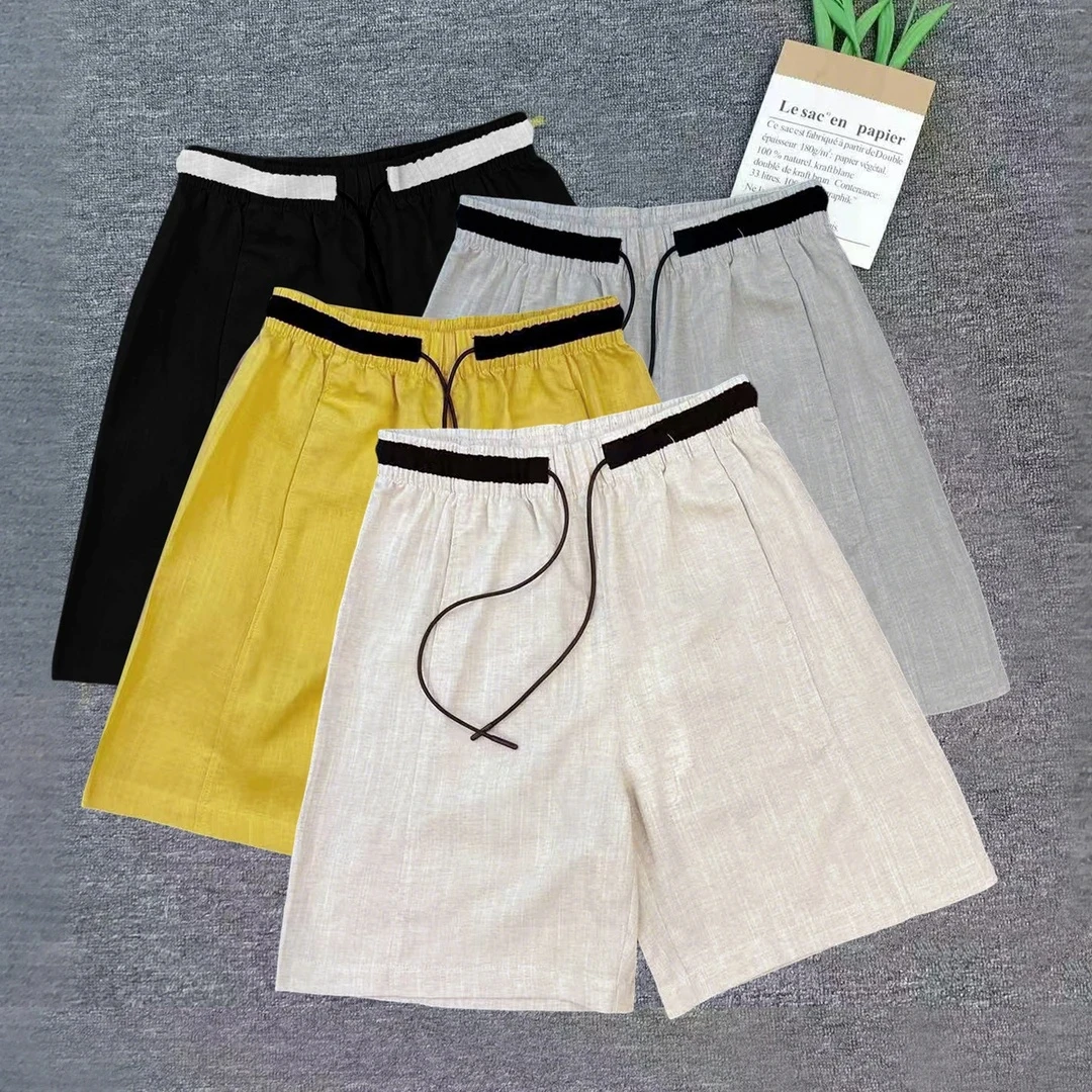 夏季韩系拼色腰宽松显瘦亚麻短裤休闲裤五分裤简约情侣T