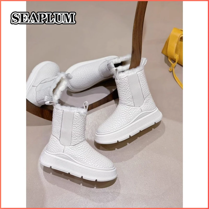 SEAPLUM真皮女鞋2025冬季新款时尚百搭厚底增高加绒保暖雪地靴女